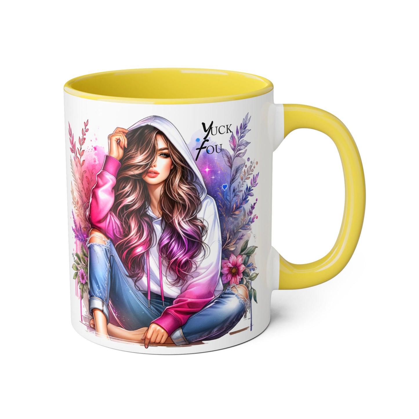 Yuck Fou Chic Floral Accent Mug, Inspirational Coffee Cup, Gift for Her, Relaxing Tea Mug, Boho Style Drinkware, Unique Home Decor