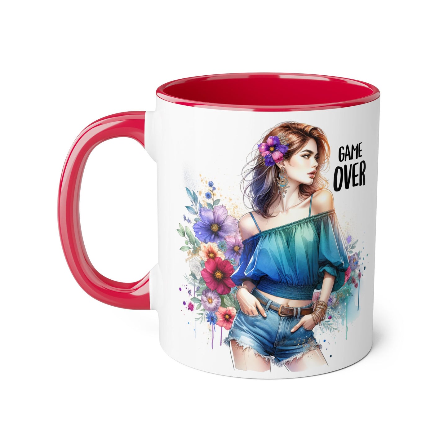 Vibrant Game Over Accent Mug - Floral Design, 11oz Coffee Cup, Unique Gift, for Gamers, Birthday or Everyday Use