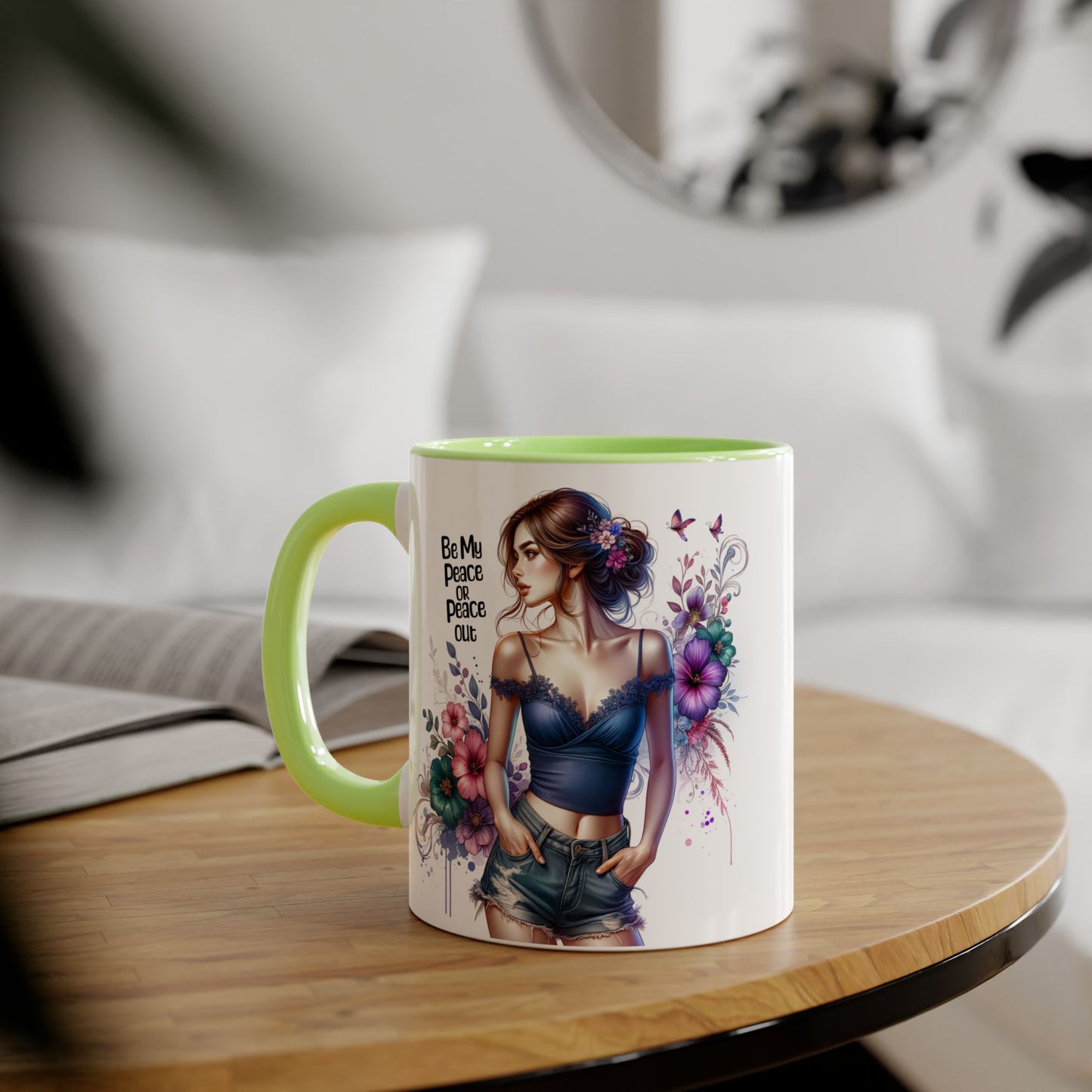 Be My Peace or Peace Out Bohemian Themed Accent Mug, Artist Cup, Unique Gift, Floral Coffee Cup, Inspirational Quote Mug
