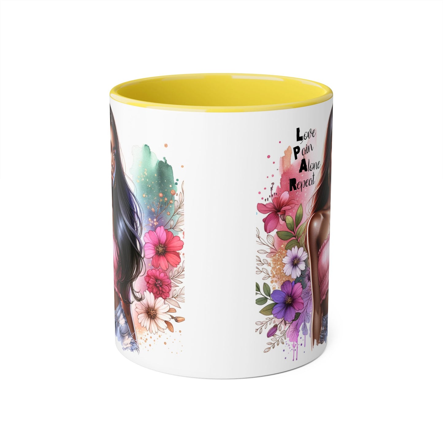 Vibrant Floral Accent Mug - Love, Pain, Alone, Repeat | Perfect Gift for Friends, Birthdays, Affirmation Mug, Coffee Lover