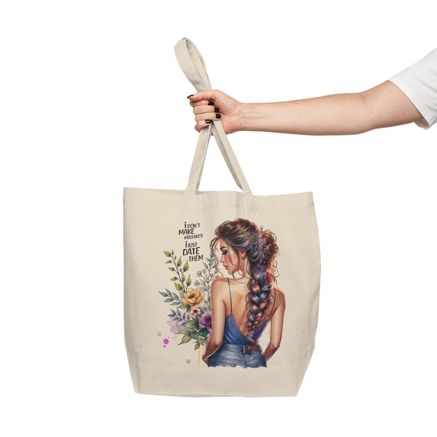 I Don`t Make Mistakes, I Just Date Them Beautiful Floral Canvas Shopping Tote, Stylish Grocery Bag, Eco-Friendly Tote, Gift for Her, Nature Lover Bag, Everyday Use