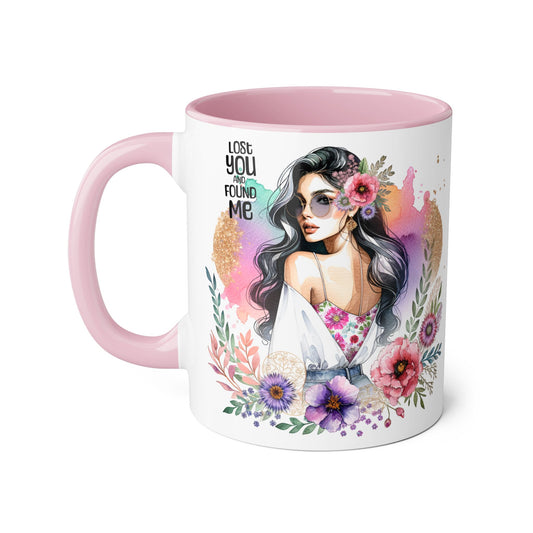 Lost You and Found Me Bohemian Floral Accent Mug, Inspirational Coffee Cup, Gift for Her, Self-Care Essentials, Unique Home Decor, Personalized Drinkware