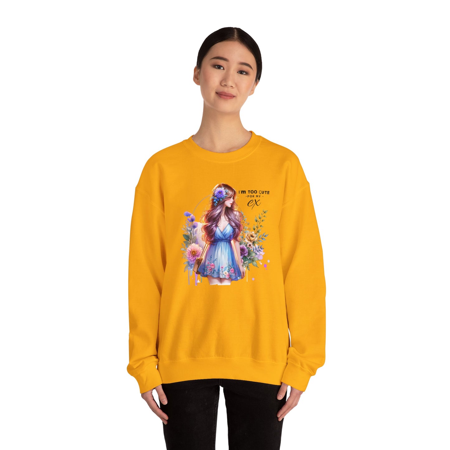 I'm Too Cute For My Ex Floral Illustration Sweatshirt, Cozy Unisex Crewneck, Perfect for Gifts, Casual Wear, Vibrant Art Pullover, Everyday Comfort