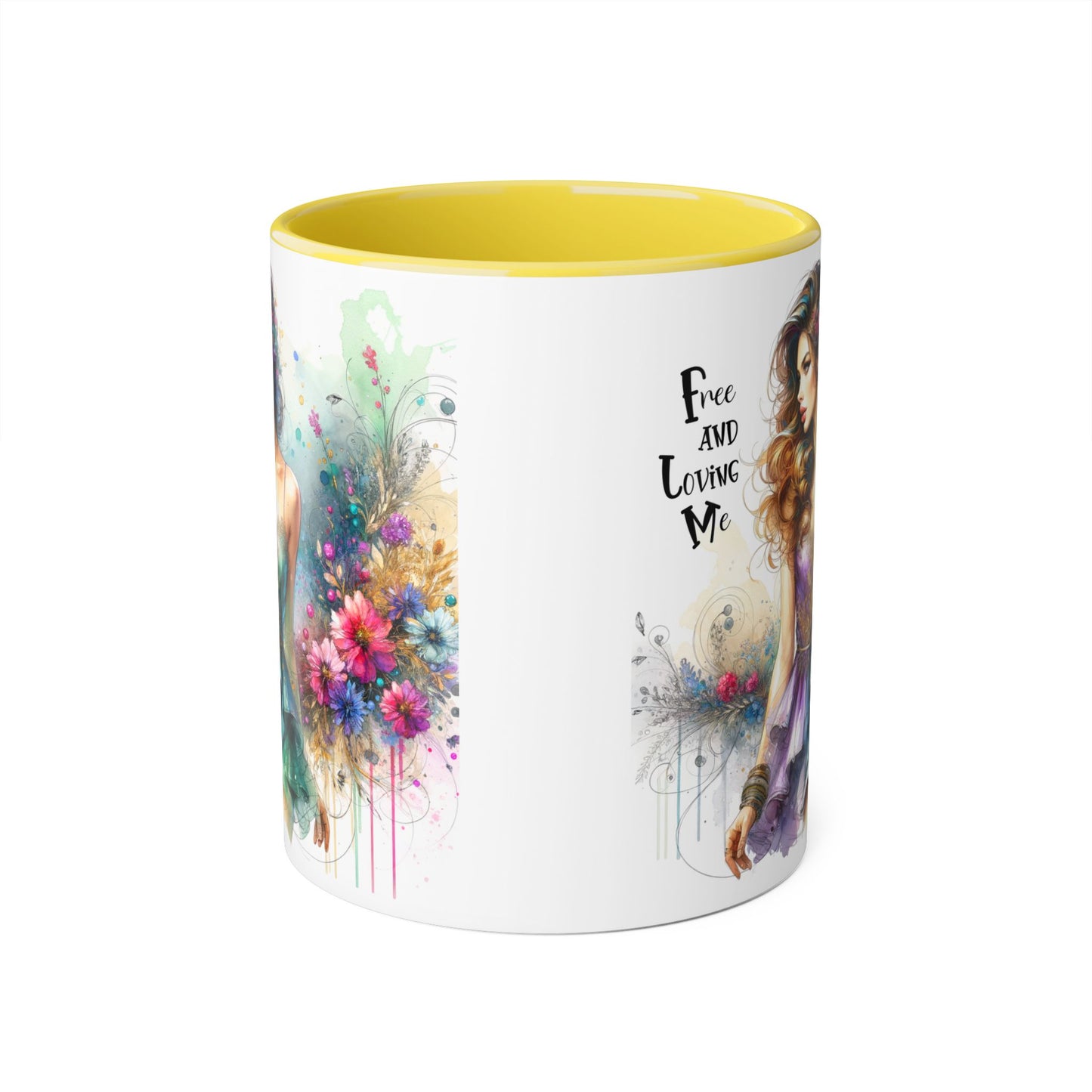 Artistic Floral Accent Mug - "Free and Loving Me" - Inspirational Coffee Cup, Gift for Her, Unique Home Decor, Special Occasion