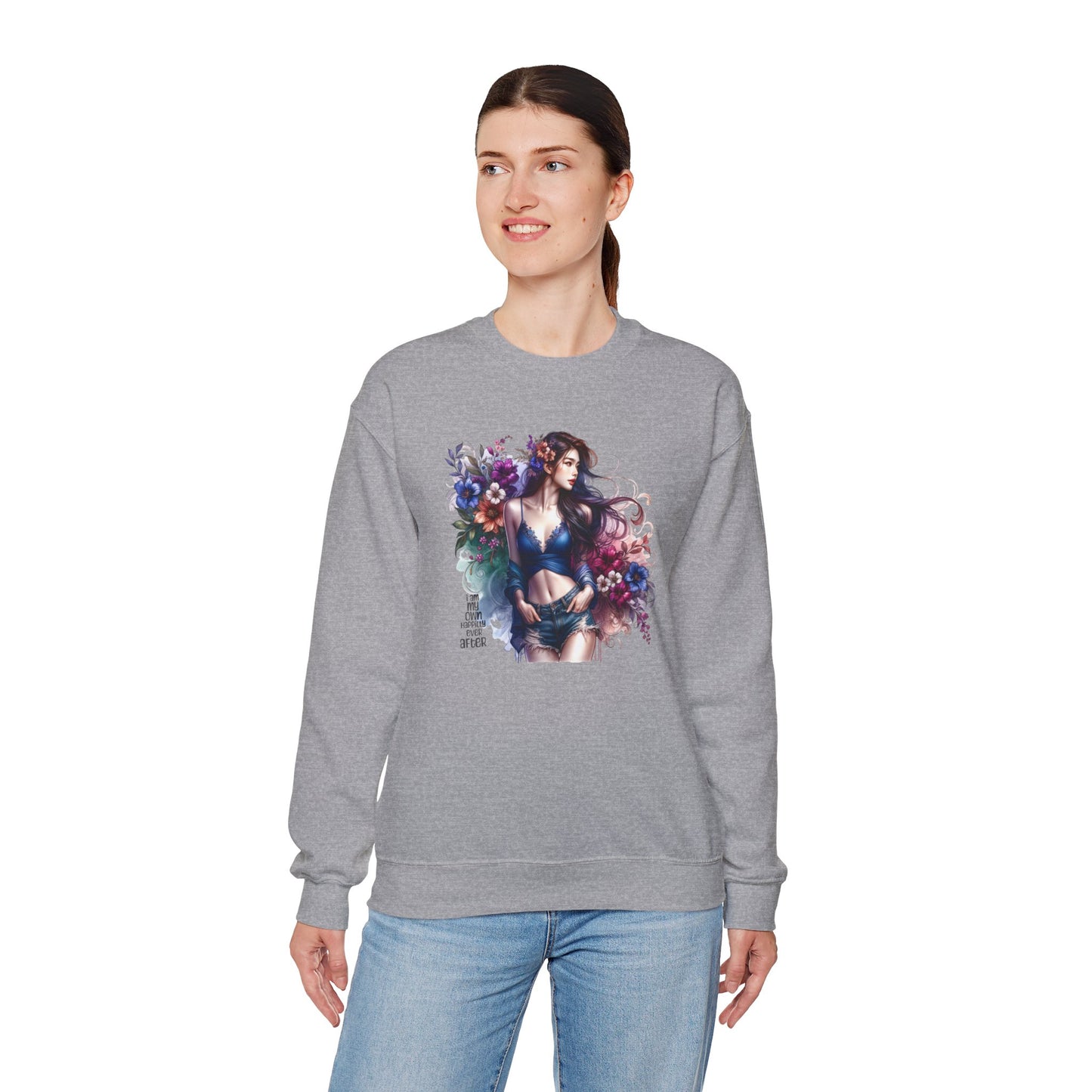 I Am My Own Happily Ever After  Floral Goddess Sweatshirt | Cozy Unisex Crewneck | Perfect Gift for Fall/Winter, Artistic Apparel, Wall Art Sweatshirt, Everyday Wear