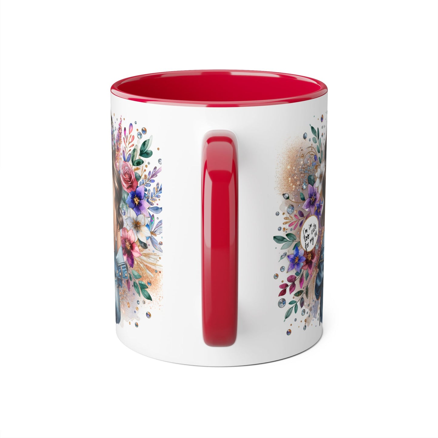 I'm Too Cute For My Ex Floral Accent Mug with Boho Design, Coffee Lover Gift, Tea Cup, Artful Beverage Holder, Personalized Drinkware