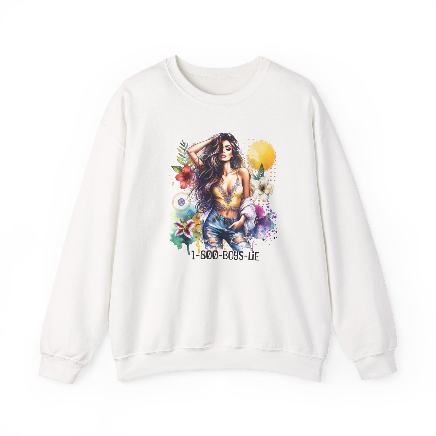 1-800-Boys-Lie Boho Chic Crewneck Sweatshirt with Floral Design, Unisex Gift, Self-Love Apparel, Cozy Casual Wear, Perfect for Relaxation