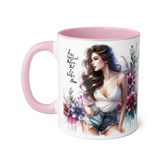 I Was Married Before But I'm Better Now Humoristic Elegant Floral Accent Mug - Inspirational Quote Coffee Cup, Gift for Her, Home Office Decor, Self-Care, Birthday Present