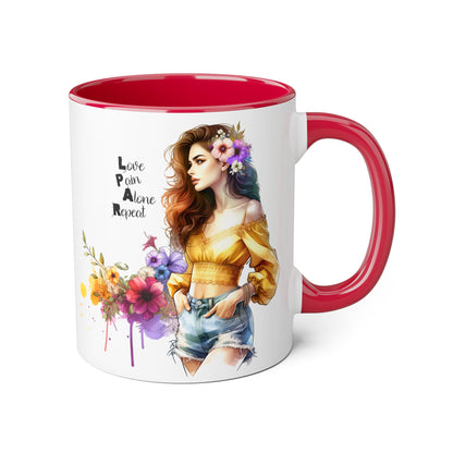 Colorful Floral Accent Mug, Love Pain Alone Repeat, Inspirational Coffee Cup, Gift for Friends, Art Lover Mug