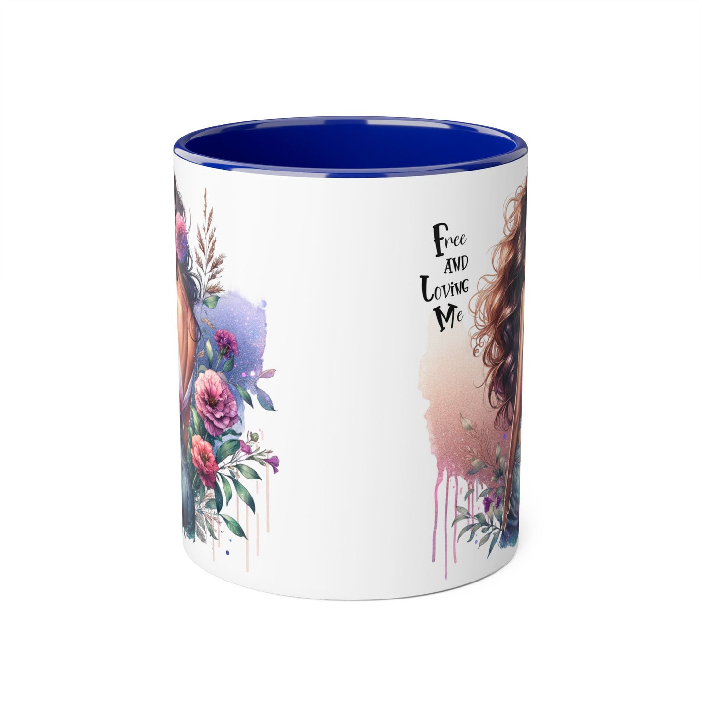 Free and Loving Me Boho Floral Accent Mug, 11oz Coffee Cup, Inspirational Mug for Women, Gift for Friends, Cozy Home Decor, Self-Love Reminder