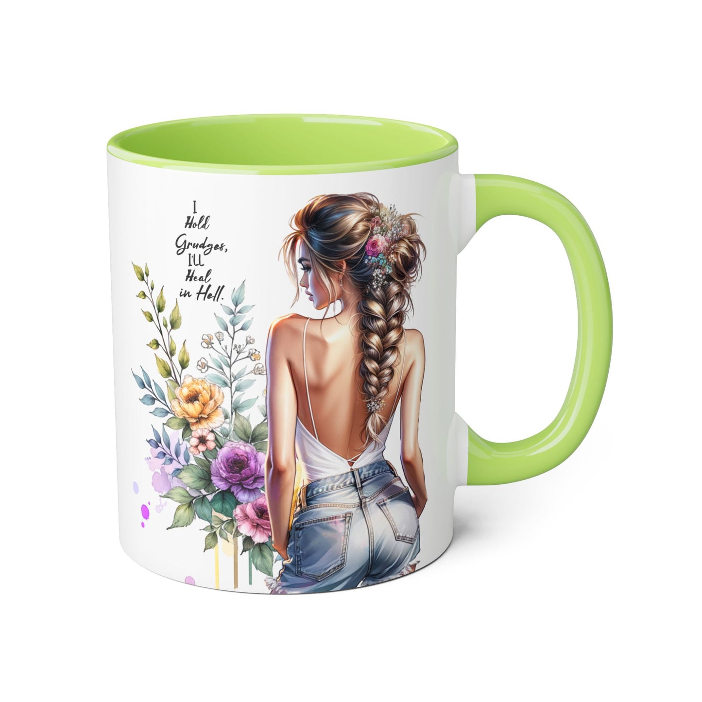 I Hold Grudges, I'll Heal in Hell  Humoristic Floral Back-View Accent Mug, Inspirational Coffee Cup, Perfect Gift for Friends, Mother's Day, Home Decor, Tea Lovers