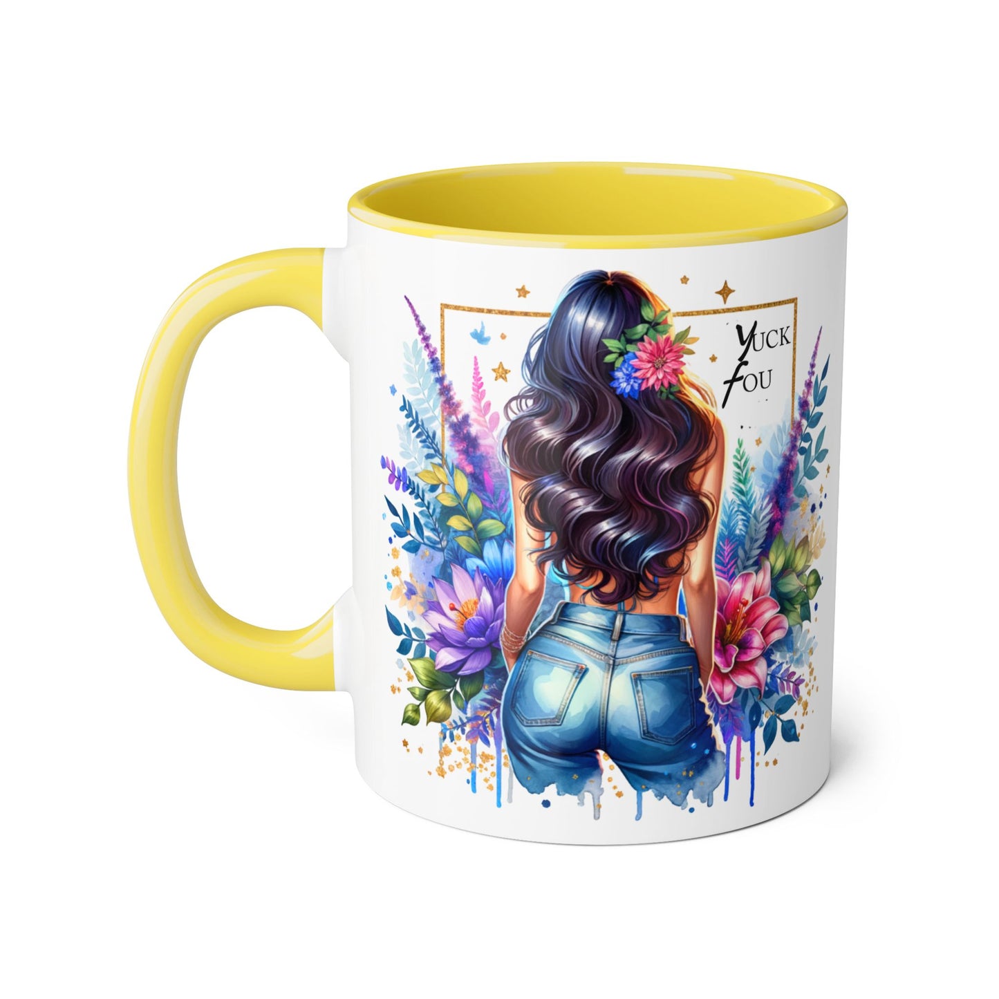 Yuck Fou Bohemian Floral Accent Mug, 11oz, Artistic Coffee Cup, Gift for Her, Stylish Drinkware, Home Decor, Unique Kitchen Accessories