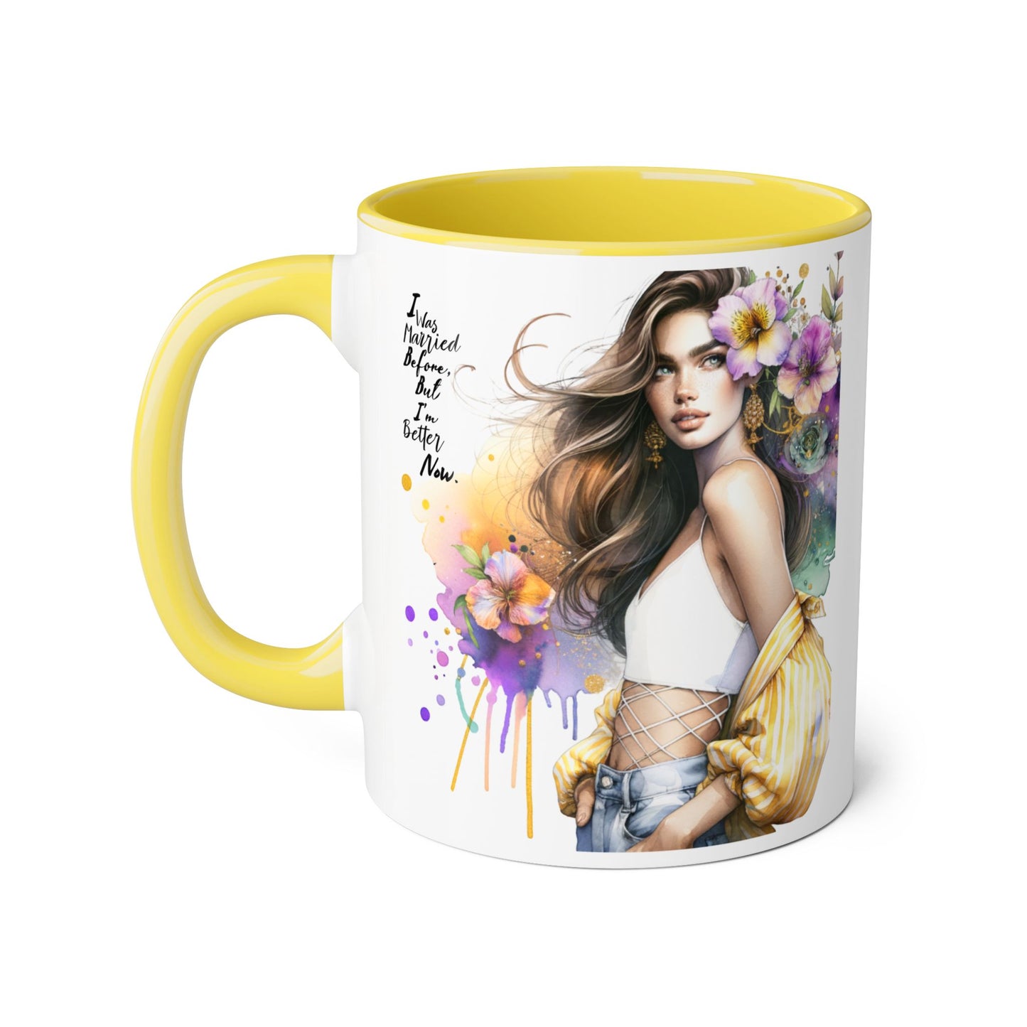I Was Married Before But I'm Better Now Humoristic Artistic Accent Mug, Coffee Cup for Inspiration, Floral Design, Gift for Friends, Birthday, Home Decor, Motivational Drinkware