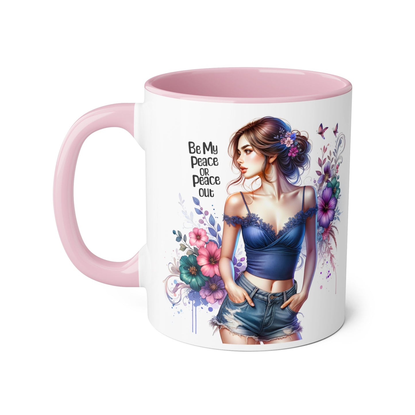 Be My Peace or Peace Out Bohemian Themed Accent Mug, Artist Cup, Unique Gift, Floral Coffee Cup, Inspirational Quote Mug