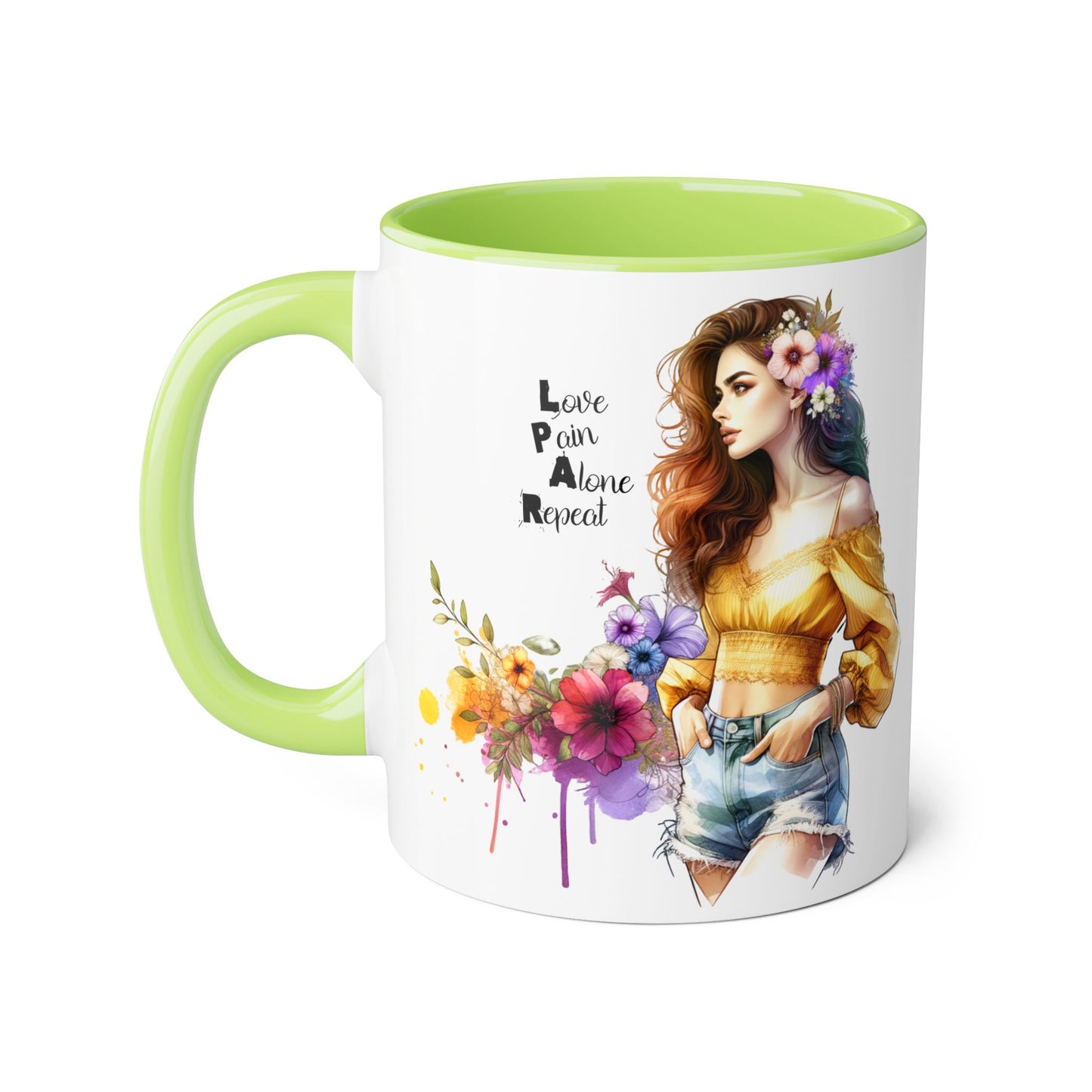 Colorful Floral Accent Mug, Love Pain Alone Repeat, Inspirational Coffee Cup, Gift for Friends, Art Lover Mug