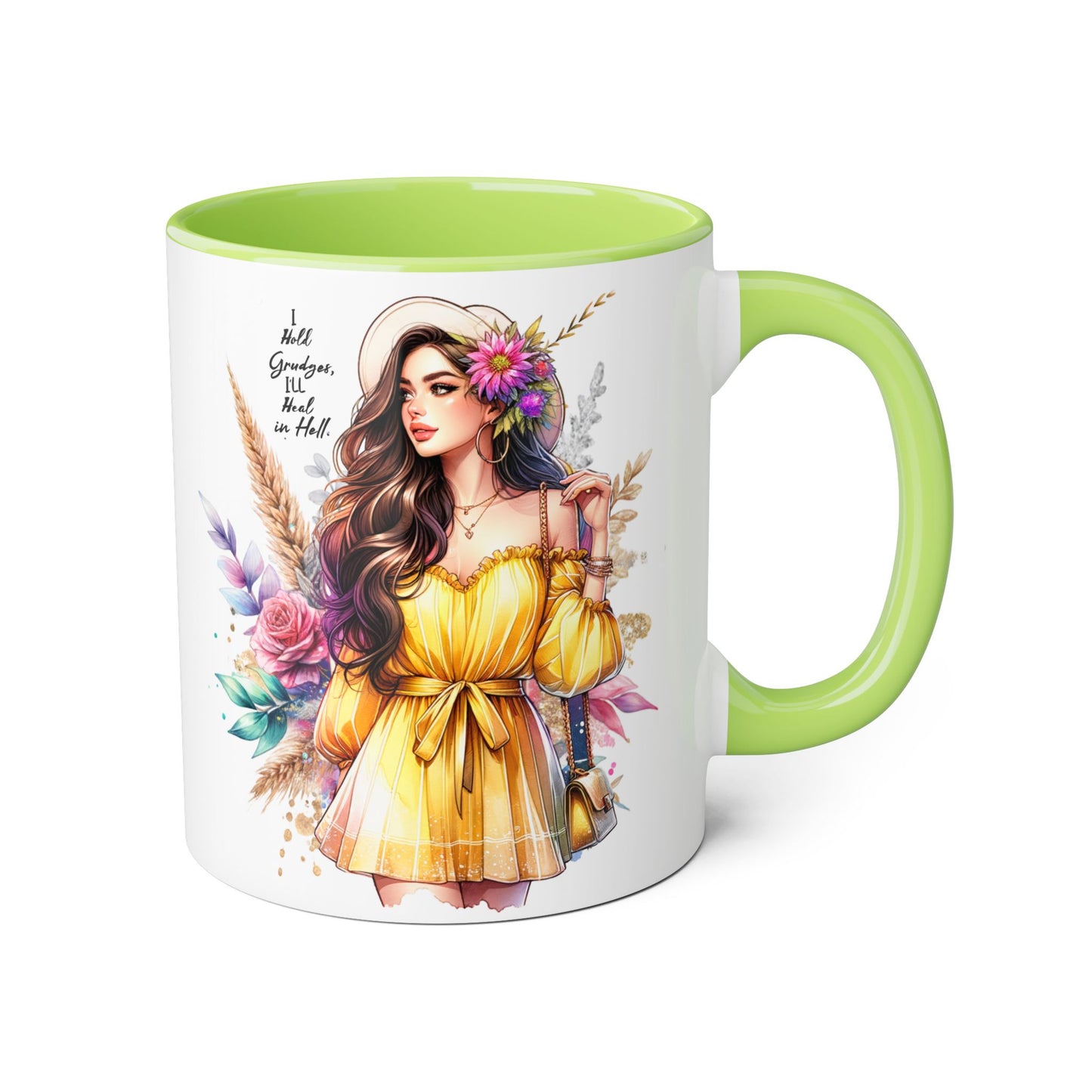 I Hold Grudges, I'll Heal in Hell  Humoristic Bohemian Accent Mug, Colorful Floral Art, Gift for Her, Coffee Lover's Dream, Inspirational Quote