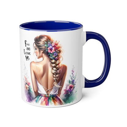 Free and Loving Me Floral Art Accent Mug - Inspirational Drinkware for Home and Gifts, Coffee Mug, Tea Cup, Birthday Present, Motivational Quote