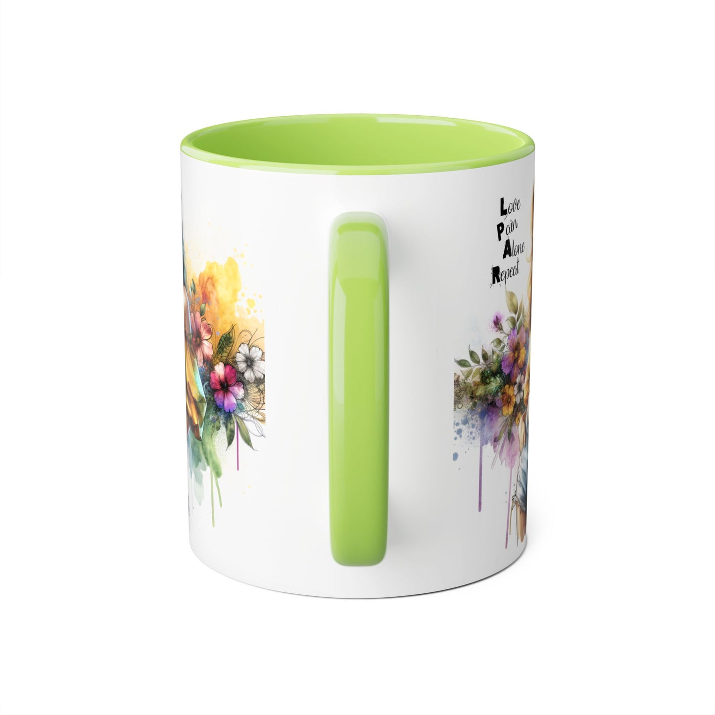 Colorful Floral Accent Mug - Love, Pain, Alone, Repeat Drinkware, Boho Coffee Cup, Gift for Her, Inspirational Mug