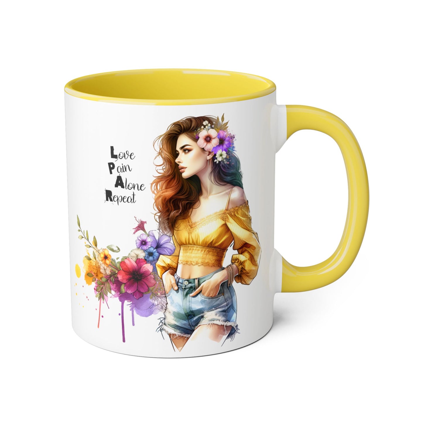Colorful Floral Accent Mug, Love Pain Alone Repeat, Inspirational Coffee Cup, Gift for Friends, Art Lover Mug