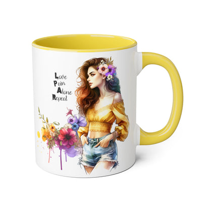 Colorful Floral Accent Mug, Love Pain Alone Repeat, Inspirational Coffee Cup, Gift for Friends, Art Lover Mug