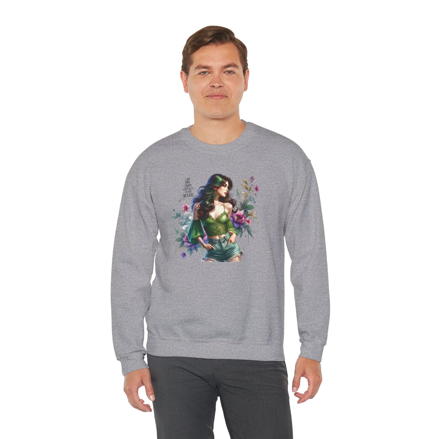 I Am My Own Happily Ever After  Heroine Floral Sweatshirt | Unisex Cozy Crewneck, Gift for Her, Vintage Style, Plant Lover's Apparel, Superhero Inspired