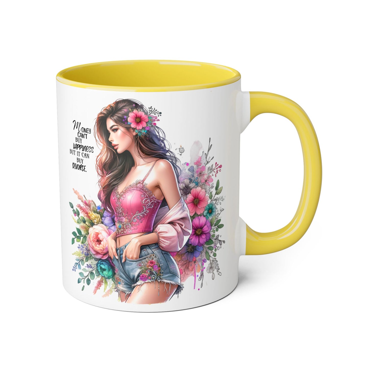 Money Can't Buy Happiness But It Can Buy Divorce Humoristic Floral Inspirational Mug, Gift for Friends, Coffee Cup, Tea Lover, Flower Design, Motivational Quote, Birthday Gift