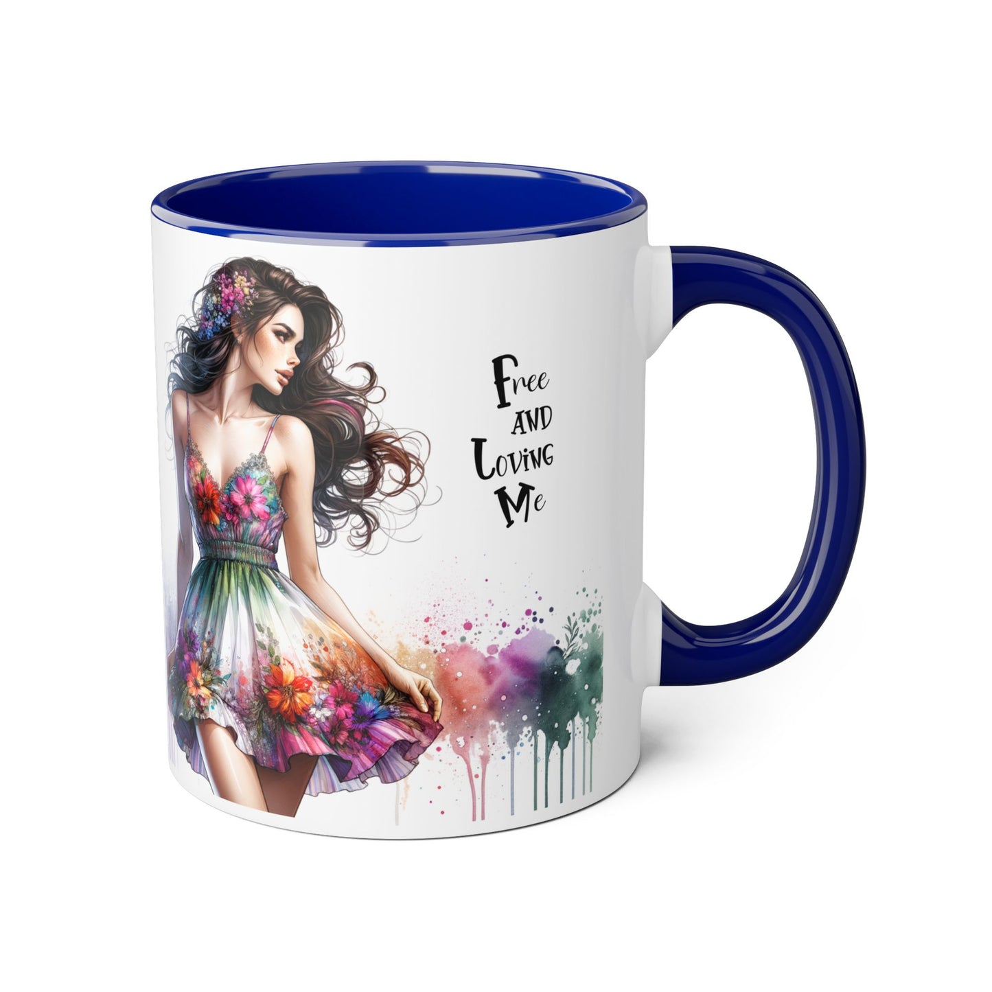 Floral Art Inspirational Coffee Mug, Free and Loving Me, Gift for Her, Colorful Drinkware, Boho Mug, Artistic Tea Cup