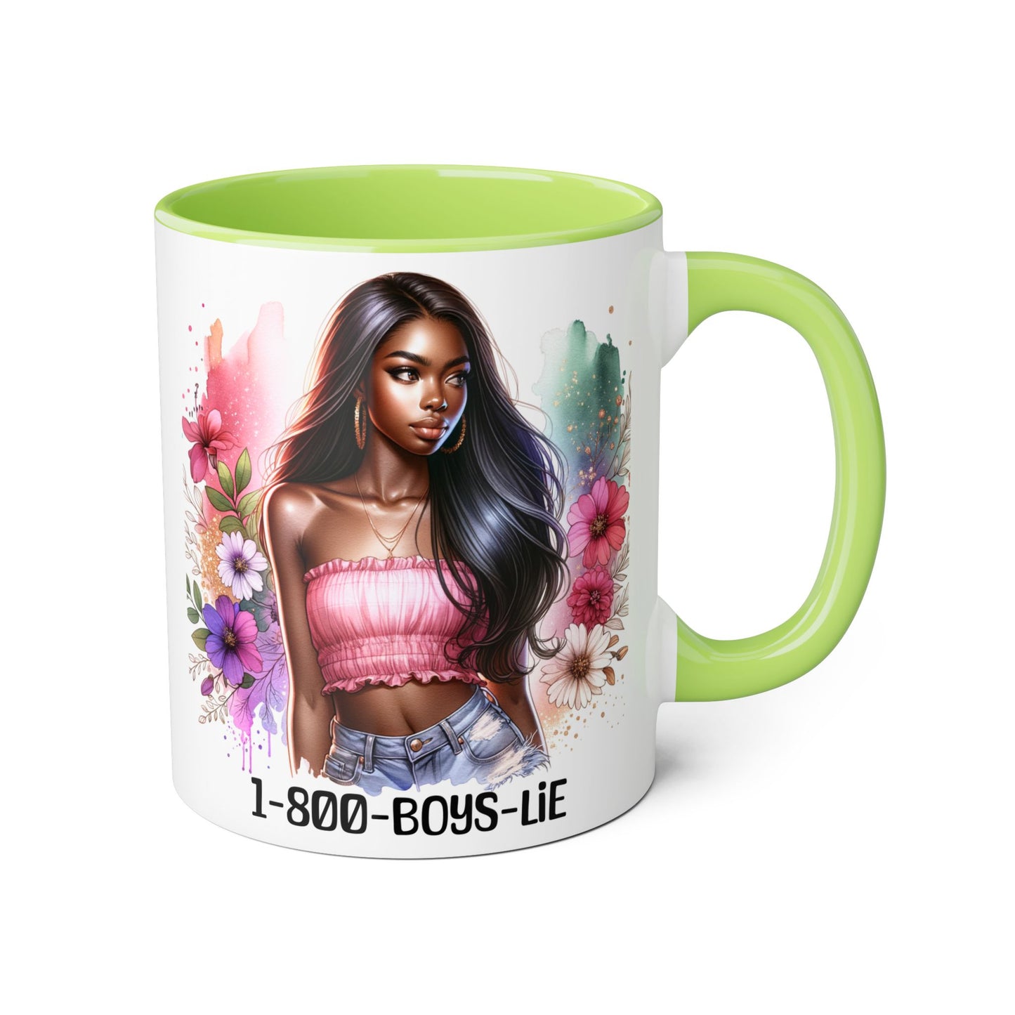1-800-BOYS-LIE Stylish Floral Accent Mug, 11oz Coffee Mug, Gift for Her, Trendy Drinkware, Unique Birthday Present, Coffee Lover's Companion
