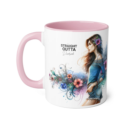 Straight Outta Divorced Humoristic Bohemian Accent Mugs with Floral Art – Trendy Coffee Cup, Gift for Friends, Decor, Home, Birthday, or Celebration