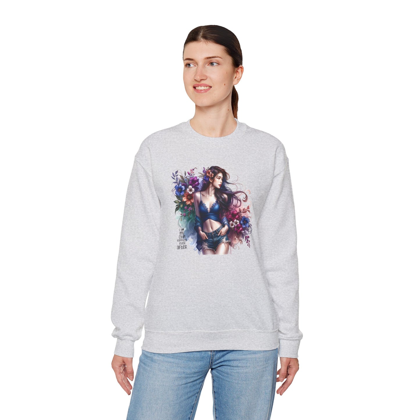 I Am My Own Happily Ever After  Floral Goddess Sweatshirt | Cozy Unisex Crewneck | Perfect Gift for Fall/Winter, Artistic Apparel, Wall Art Sweatshirt, Everyday Wear