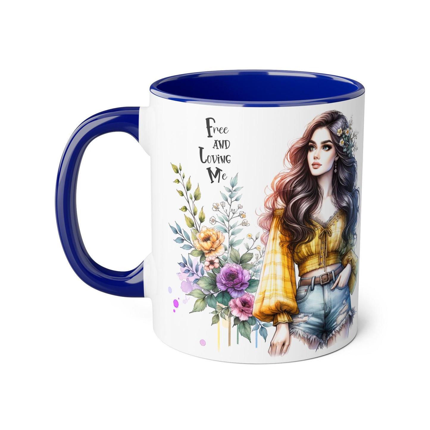 Bohemian Floral Accent Mug, Free and Loving Me Coffee Cup, Gift for Her, Unique Art Mug, Morning Beverage Lover's Gift
