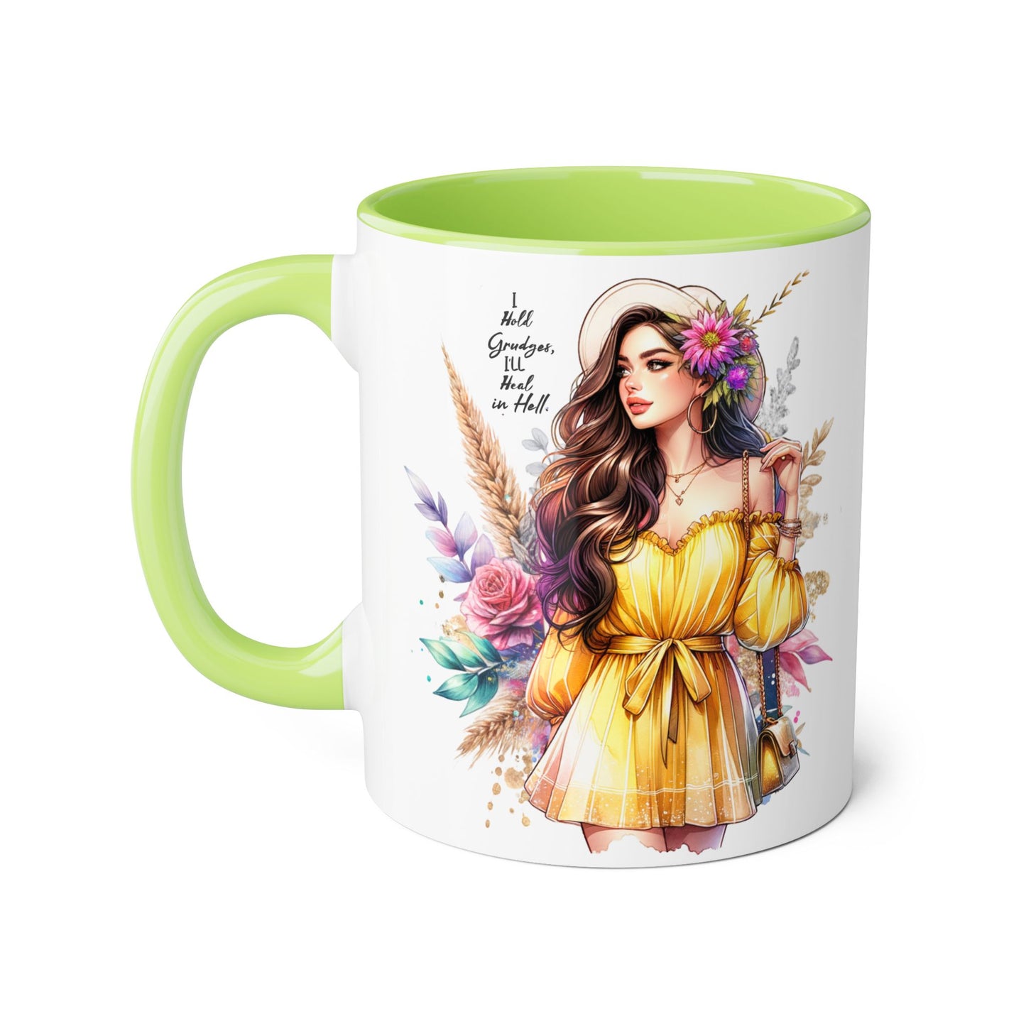 I Hold Grudges, I'll Heal in Hell  Humoristic Bohemian Accent Mug, Colorful Floral Art, Gift for Her, Coffee Lover's Dream, Inspirational Quote