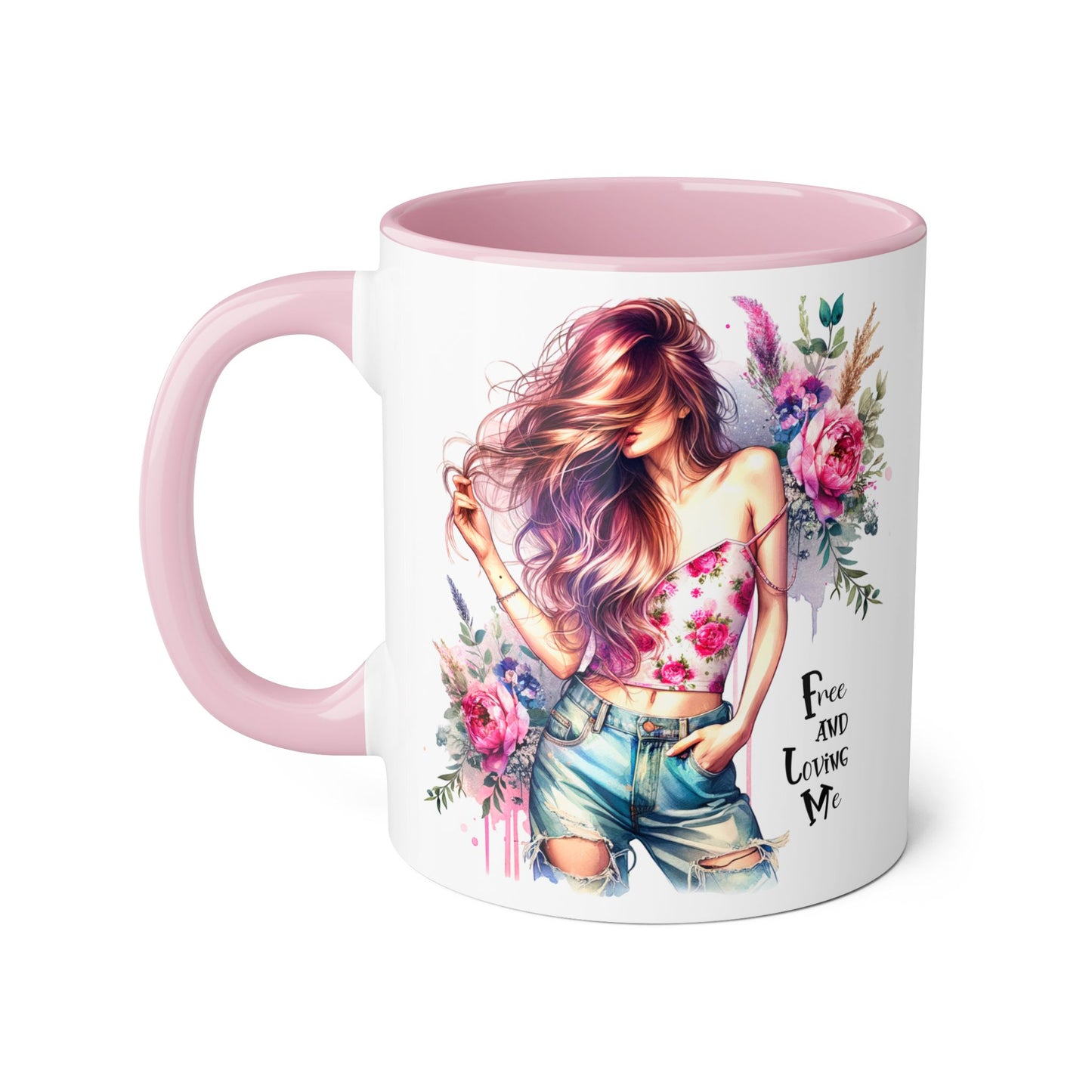 Bohemian Floral Accent Mug - Free and Loving Me, Gift for Her, Coffee Cup, Inspirational Drinkware, Tea Lover, Home Decor