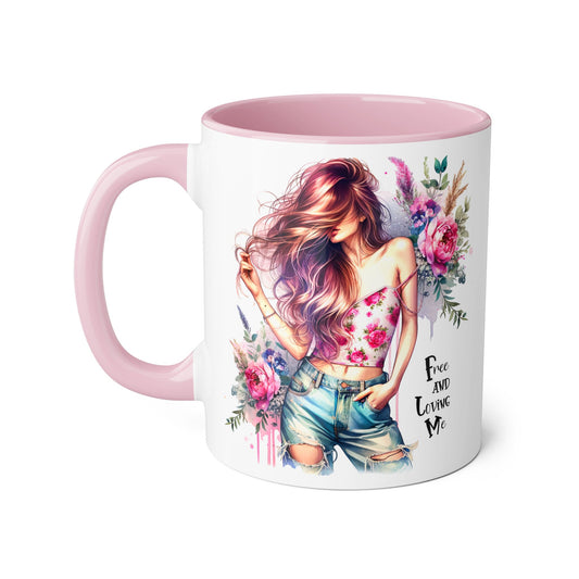 Bohemian Floral Accent Mug - Free and Loving Me, Gift for Her, Coffee Cup, Inspirational Drinkware, Tea Lover, Home Decor