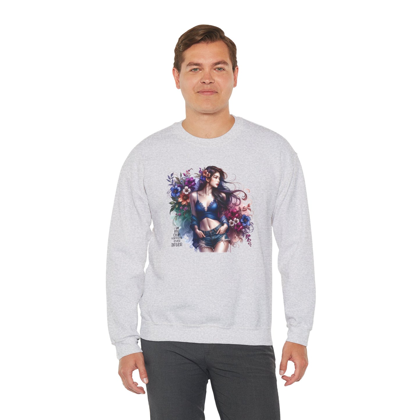 I Am My Own Happily Ever After  Floral Goddess Sweatshirt | Cozy Unisex Crewneck | Perfect Gift for Fall/Winter, Artistic Apparel, Wall Art Sweatshirt, Everyday Wear