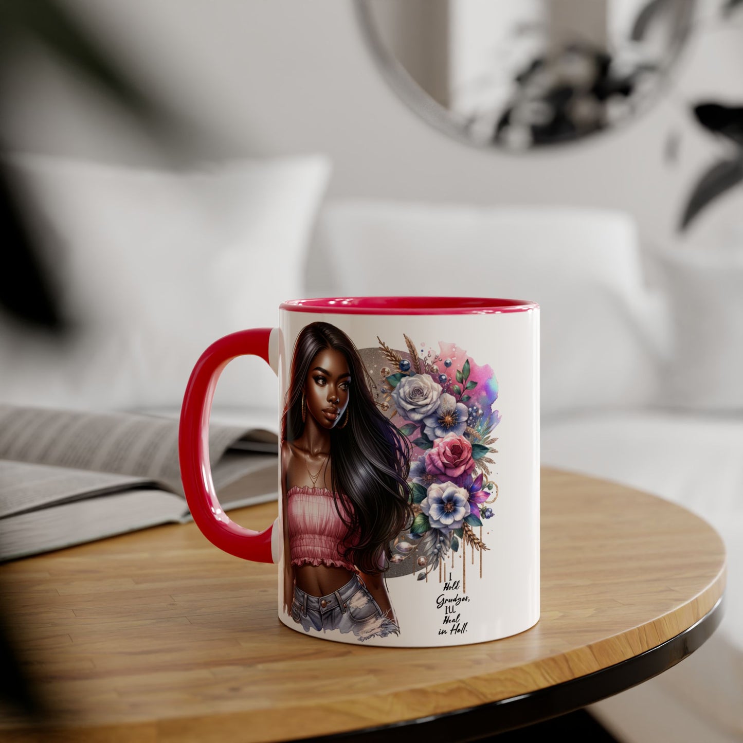 I Hold Grudges, I'll Heal in Hell  Humoristic Bohemian Floral Accent Mug, Stylish Coffee Cup, Ideal for Gifting, Home Decor, Motivational Quote Mug, Perfect for Every Occasion