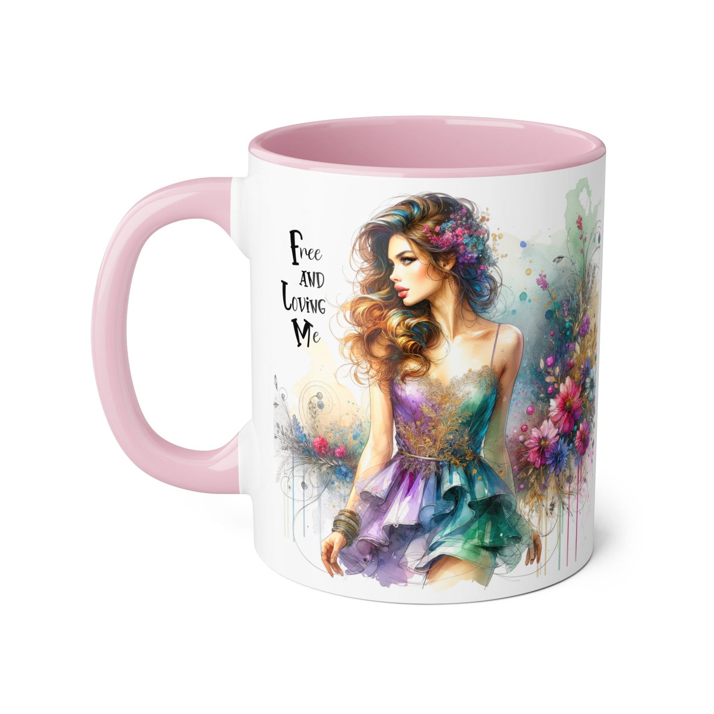 Artistic Floral Accent Mug - "Free and Loving Me" - Inspirational Coffee Cup, Gift for Her, Unique Home Decor, Special Occasion