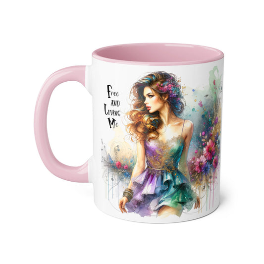Artistic Floral Accent Mug - "Free and Loving Me" - Inspirational Coffee Cup, Gift for Her, Unique Home Decor, Special Occasion