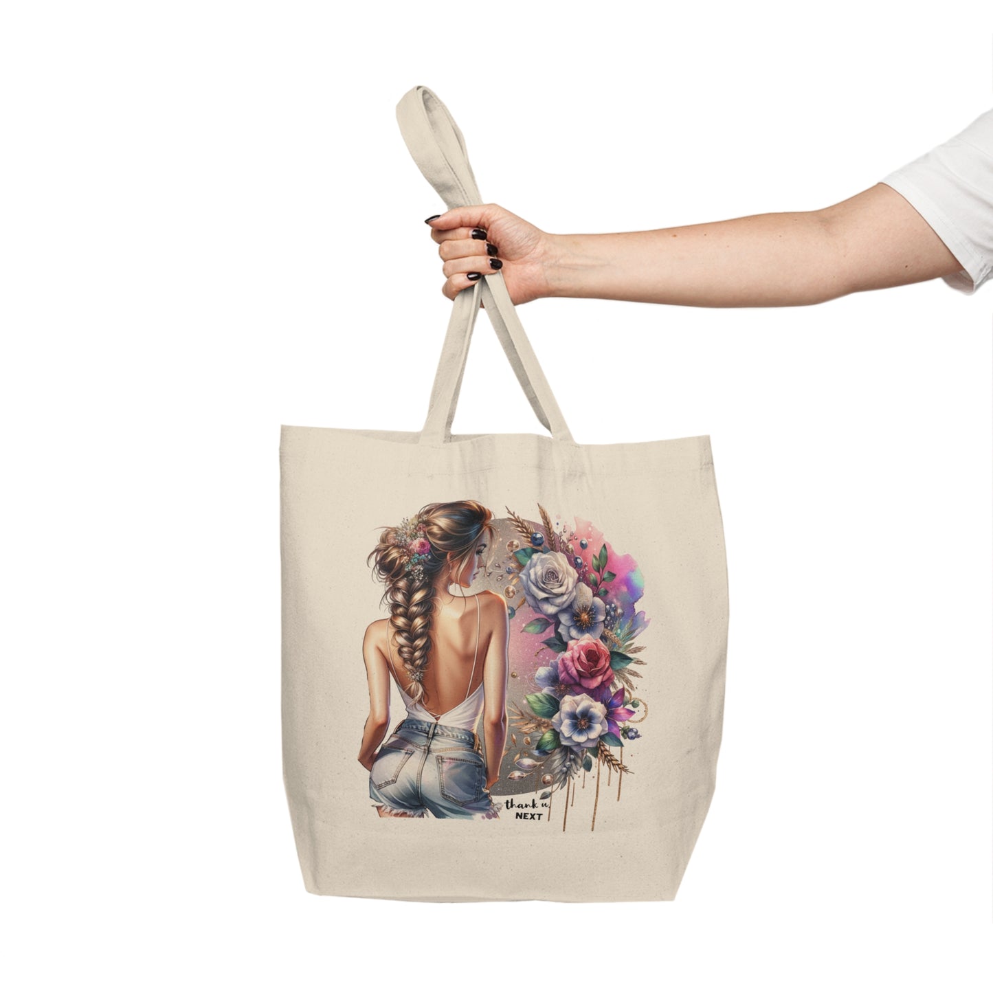Thank U, Next Bohemian Floral Tote Bag, Eco-Friendly Canvas Bag, Chic Shopping Bag, Summer Tote, Gift for Her