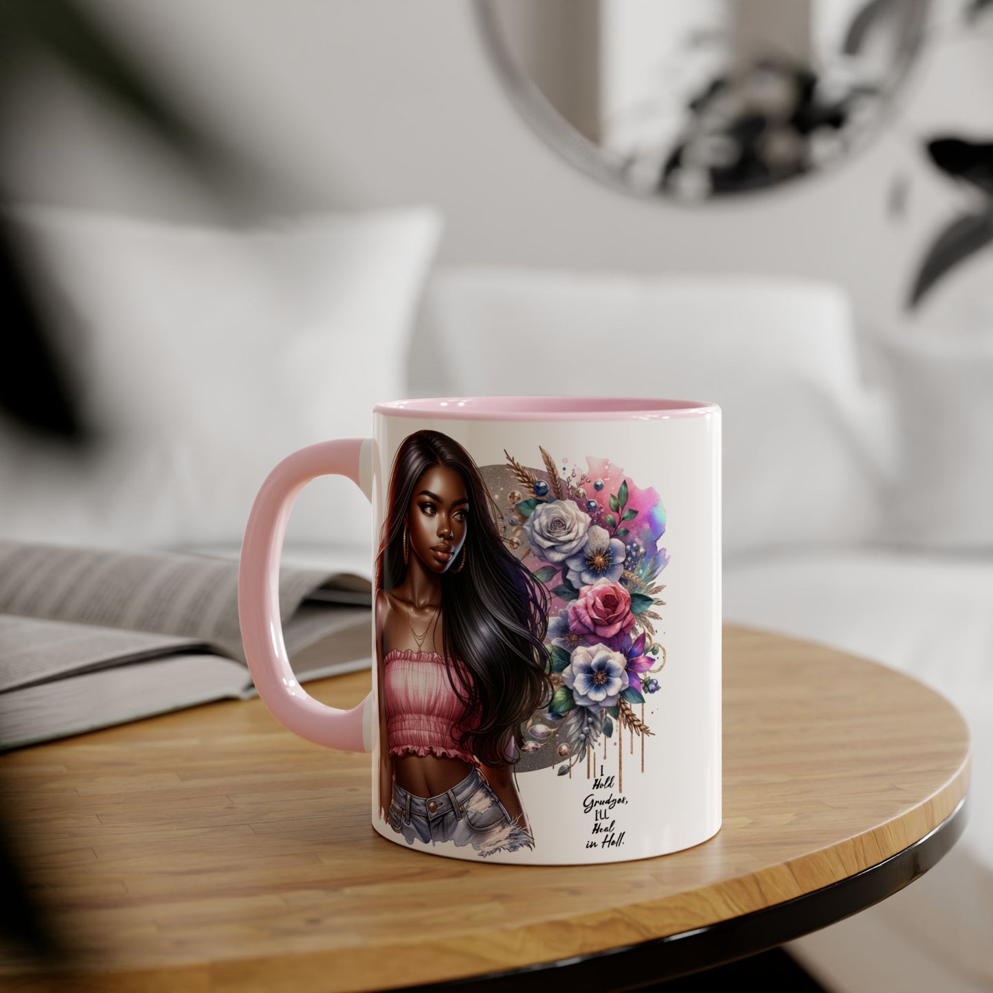 I Hold Grudges, I'll Heal in Hell  Humoristic Bohemian Floral Accent Mug, Stylish Coffee Cup, Ideal for Gifting, Home Decor, Motivational Quote Mug, Perfect for Every Occasion