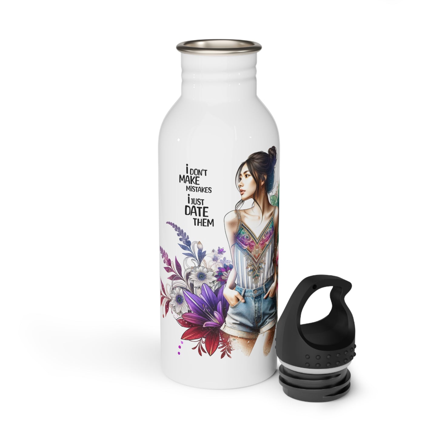 I Don't Make Mistakes, I Date Them Floral Art Water Bottle, Inspired Gift for Travelers, Eco-Friendly Hydration, Fitness and Outdoor Use, Cute Drinkware