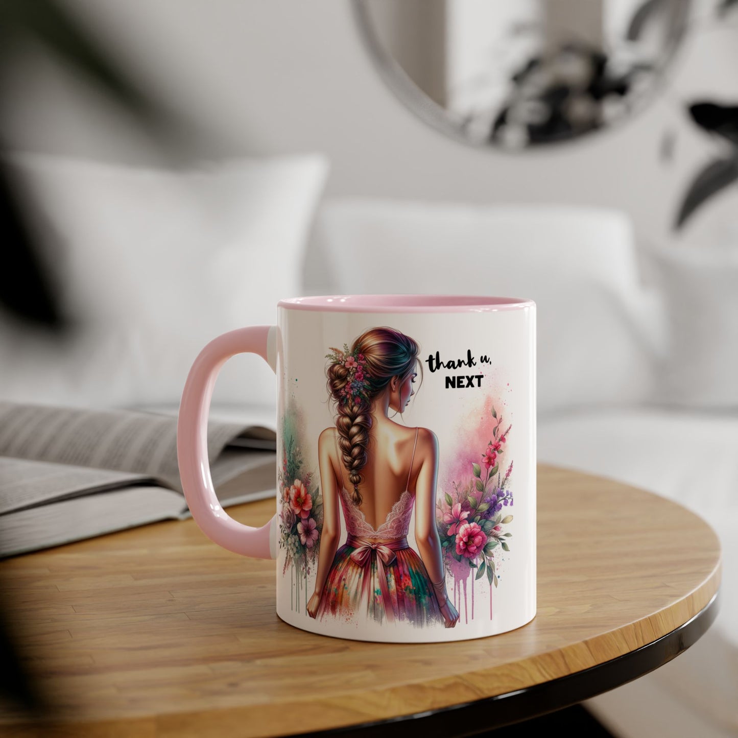 Thank U, Next Artistic Floral Accent Mug, Thank U Next Coffee Cup, Colorful Tea Mug, Gift for Her, Inspirational Art Drinkware