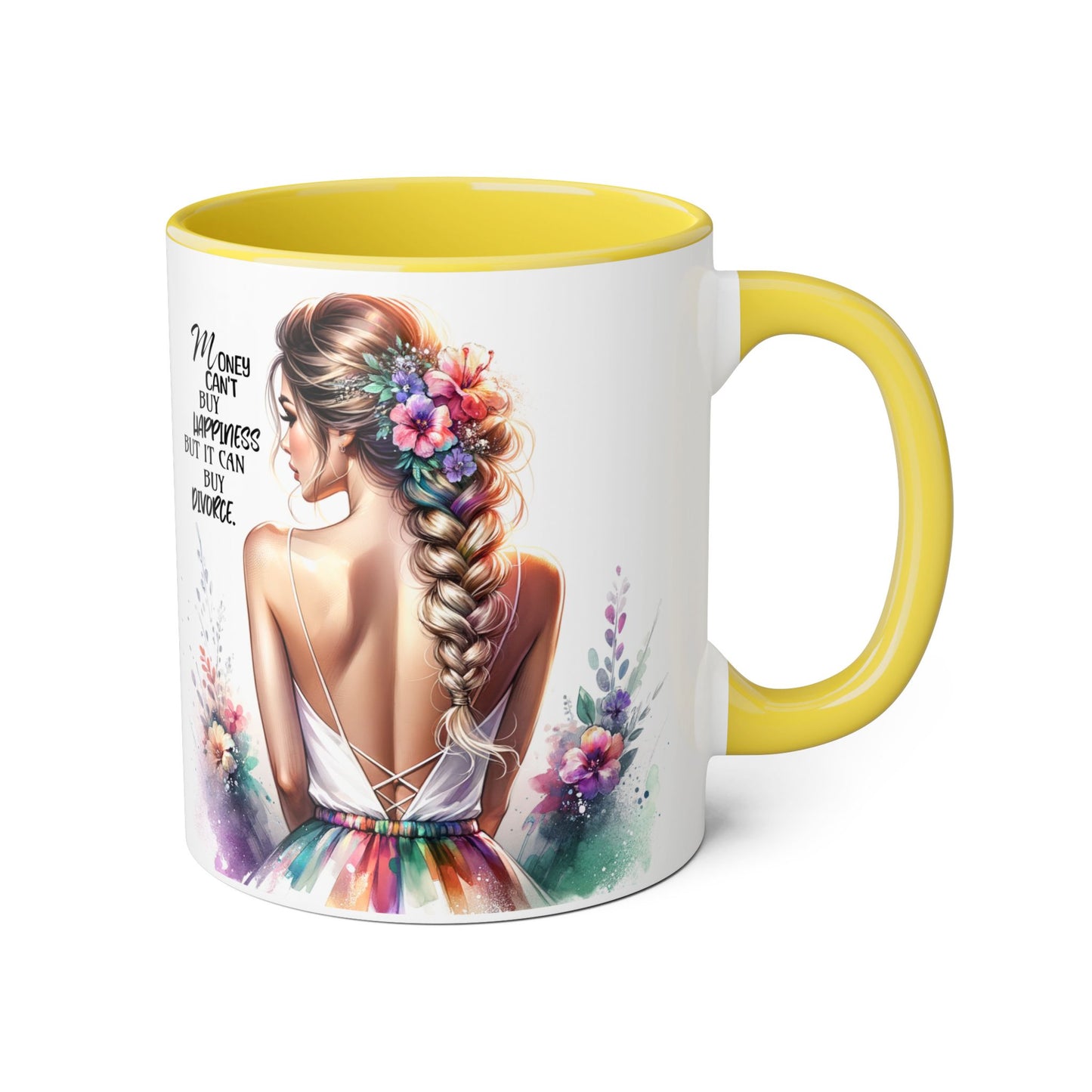 Money Can't Buy Happiness But It Can Buy Divorce Humoristic Inspirational Floral Accent Mug, 11oz Coffee Cup for Moms, Uplifting Gift for Mother's Day, Motivational Drinkware, Unique Art Mug