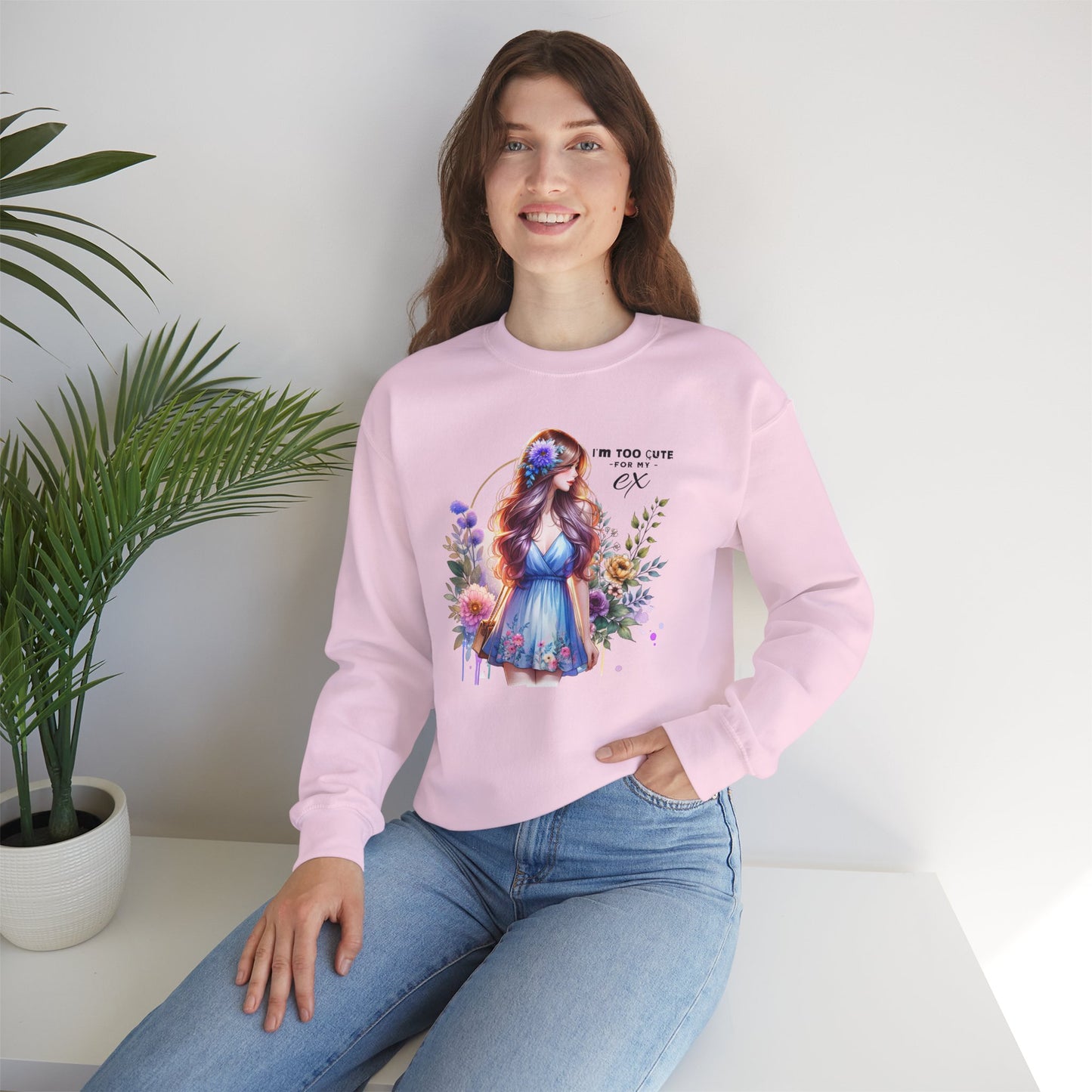 I'm Too Cute For My Ex Floral Illustration Sweatshirt, Cozy Unisex Crewneck, Perfect for Gifts, Casual Wear, Vibrant Art Pullover, Everyday Comfort