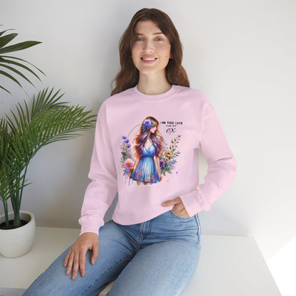 I'm Too Cute For My Ex Floral Illustration Sweatshirt, Cozy Unisex Crewneck, Perfect for Gifts, Casual Wear, Vibrant Art Pullover, Everyday Comfort