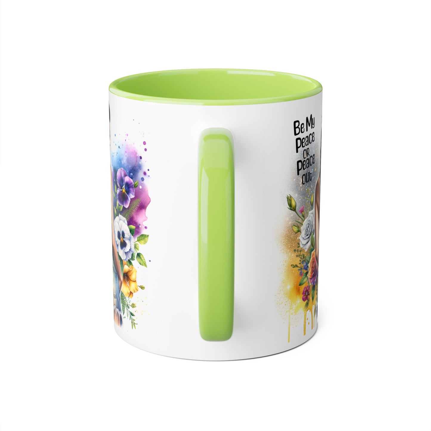 Artistic Black Handle Mug with Inspirational Message, Be My Peace or Peace Out, Unique Gift for Coffee Lovers, Colorful Floral Design, [...]