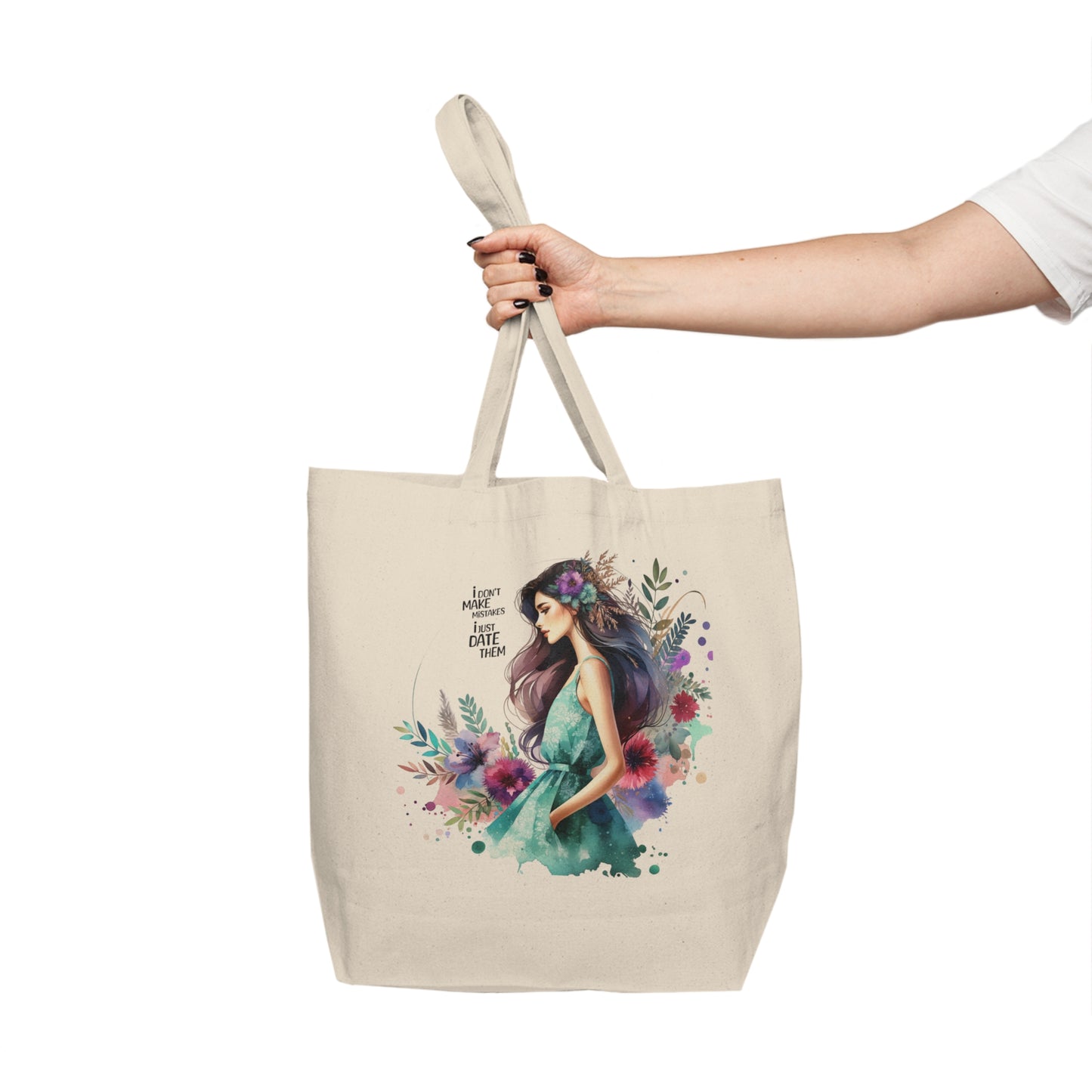 I Don`t Make Mistakes, I Just Date Them Floral Woman Canvas Tote Bag, Eco-Friendly Shopping Bag, Boho Style Bag, Gift for Her, Reusable Tote, Art Tote