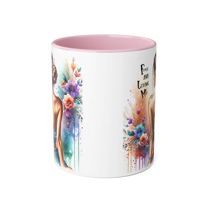 Artistic Floral Accent Mug, Free and Loving Me Ceramic Coffee Cup, Inspirational Gift, Unique Drinkware, Bohemian Style Mug