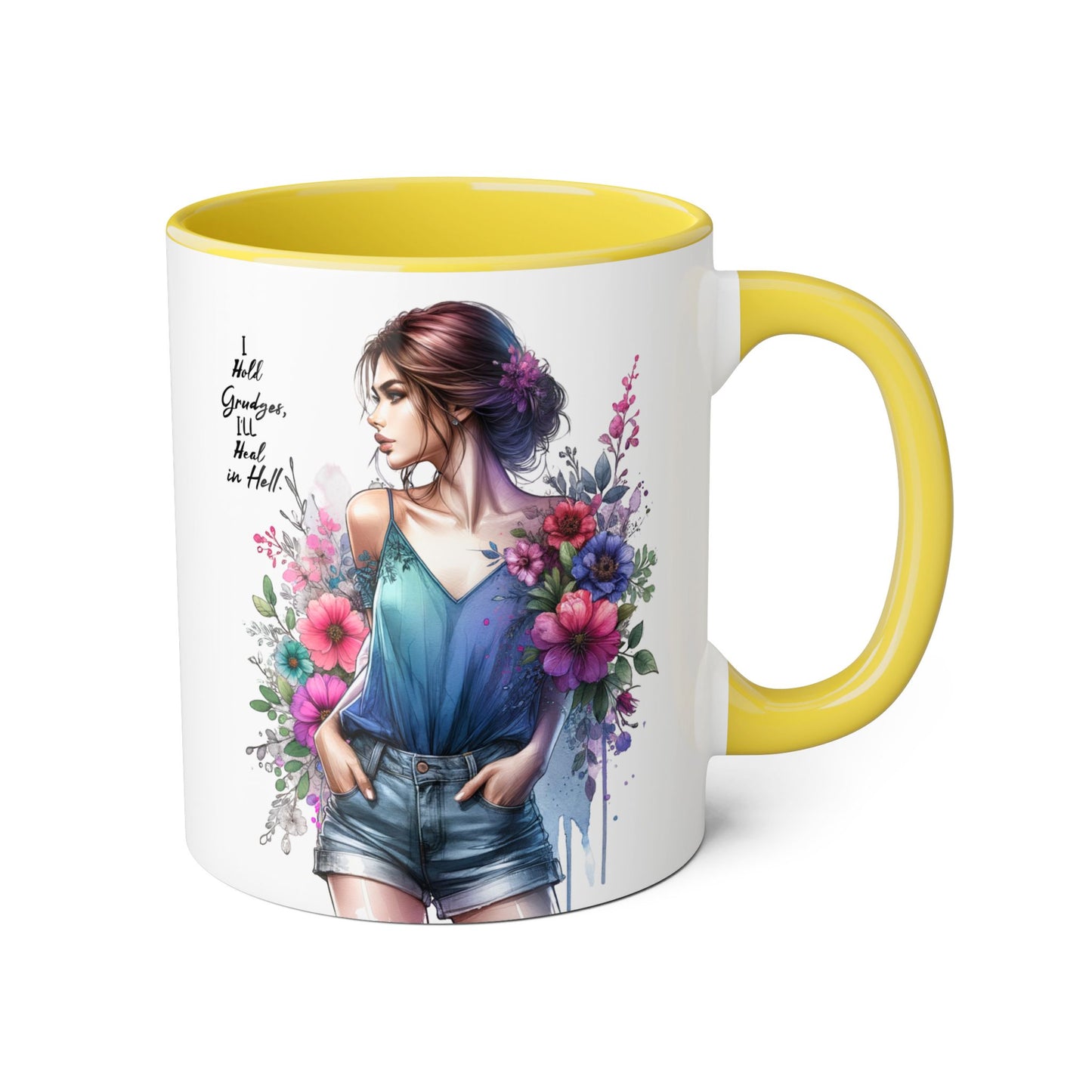 I Hold Grudges, I'll Heal in Hell  Humoristic Floral Accent Mug, 11oz Coffee Cup for Grandma, Gift for Her, Birthday Present, Mother's Day, Home Decor, Floral Design
