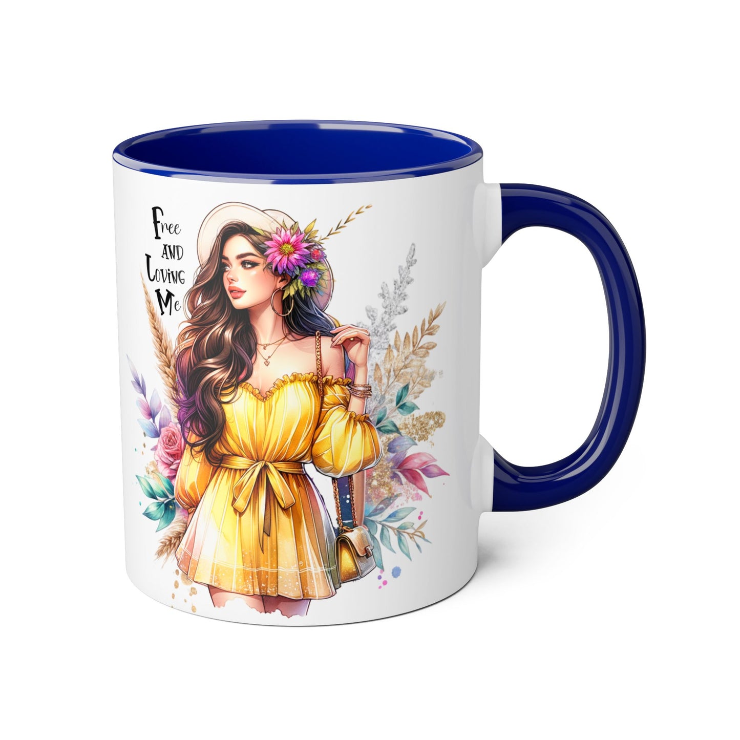 Free and Loving Me Bold Boho Accent Mug, Artistic Coffee Cup, Unique Gift for Women, Inspirational Kitchenware, Floral Design, Birthday Mug